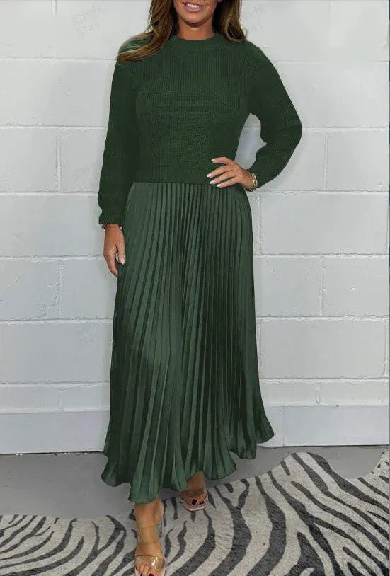 Vestido maxi con jersey y falda plisada | Clau