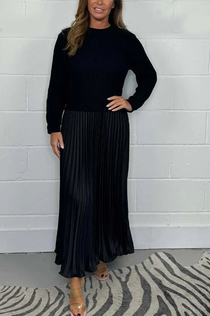 Vestido maxi con jersey y falda plisada | Clau