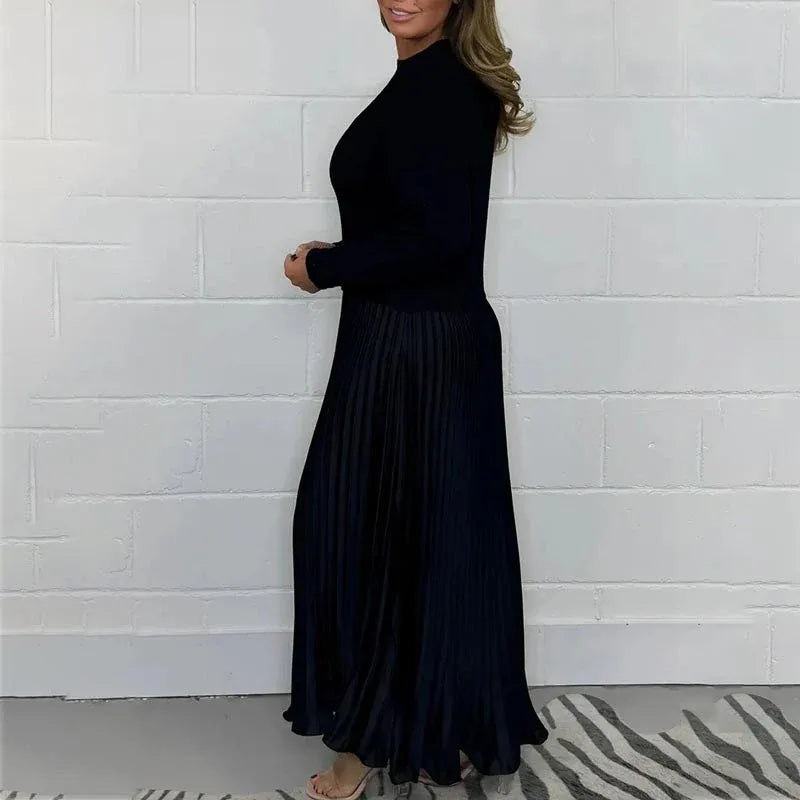 Vestido maxi con jersey y falda plisada | Clau