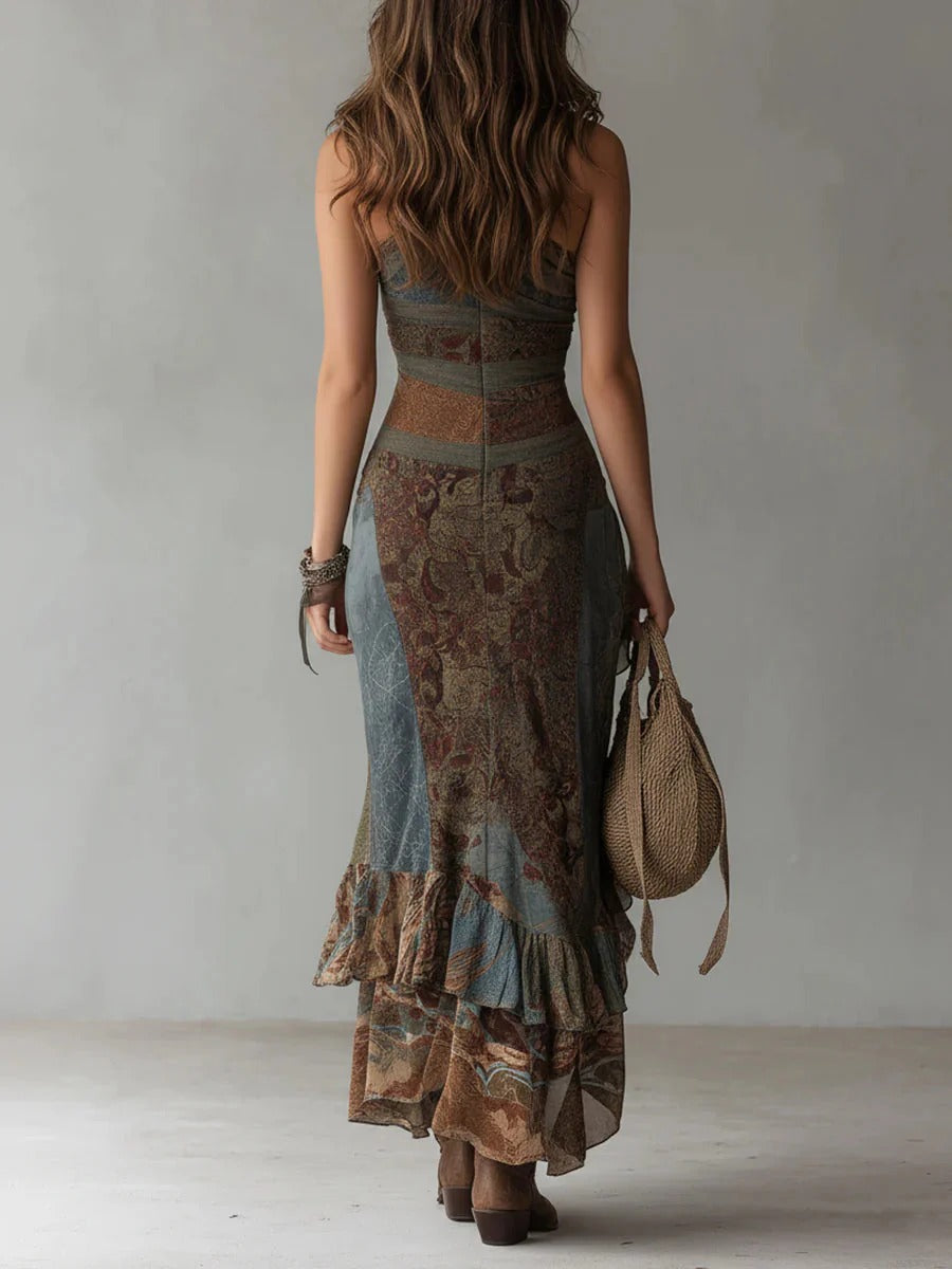 Vestido largo asimétrico con estampado étnico y abertura lateral | Mari