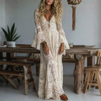 Vestido Largo de Encaje con Manga Campana y Escote en V Mujer