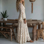 Vestido Largo de Encaje con Manga Campana y Escote en V Mujer