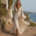 Vestido Largo de Encaje con Manga Campana y Escote en V Mujer