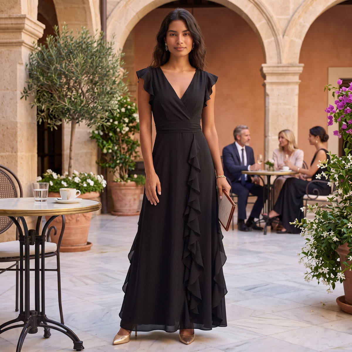 Vestido Largo Fiesta Mujer Escote en V Plisado con Abertura | Elegante