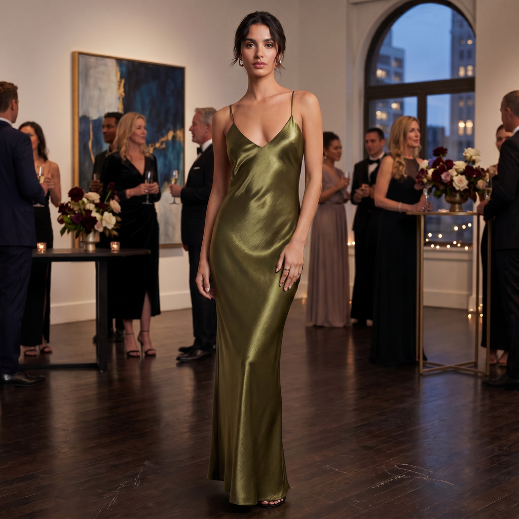 Vestido Lencero Satinado Verde Oliva | Presencia