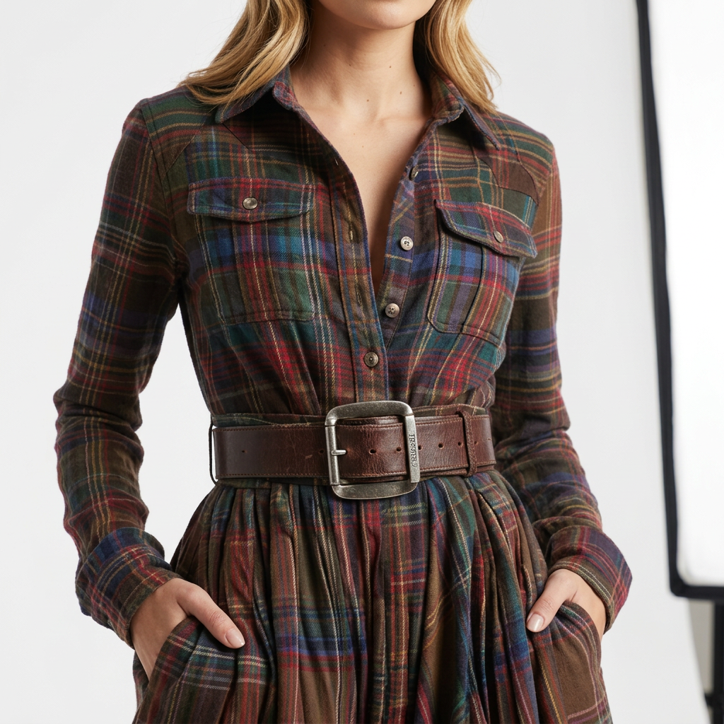 Vestido Camisero Cuadros Manga Larga Mujer | Luna Cruz