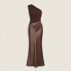 Vestido Largo Un Hombro Satén Fruncido Lateral para Mujer