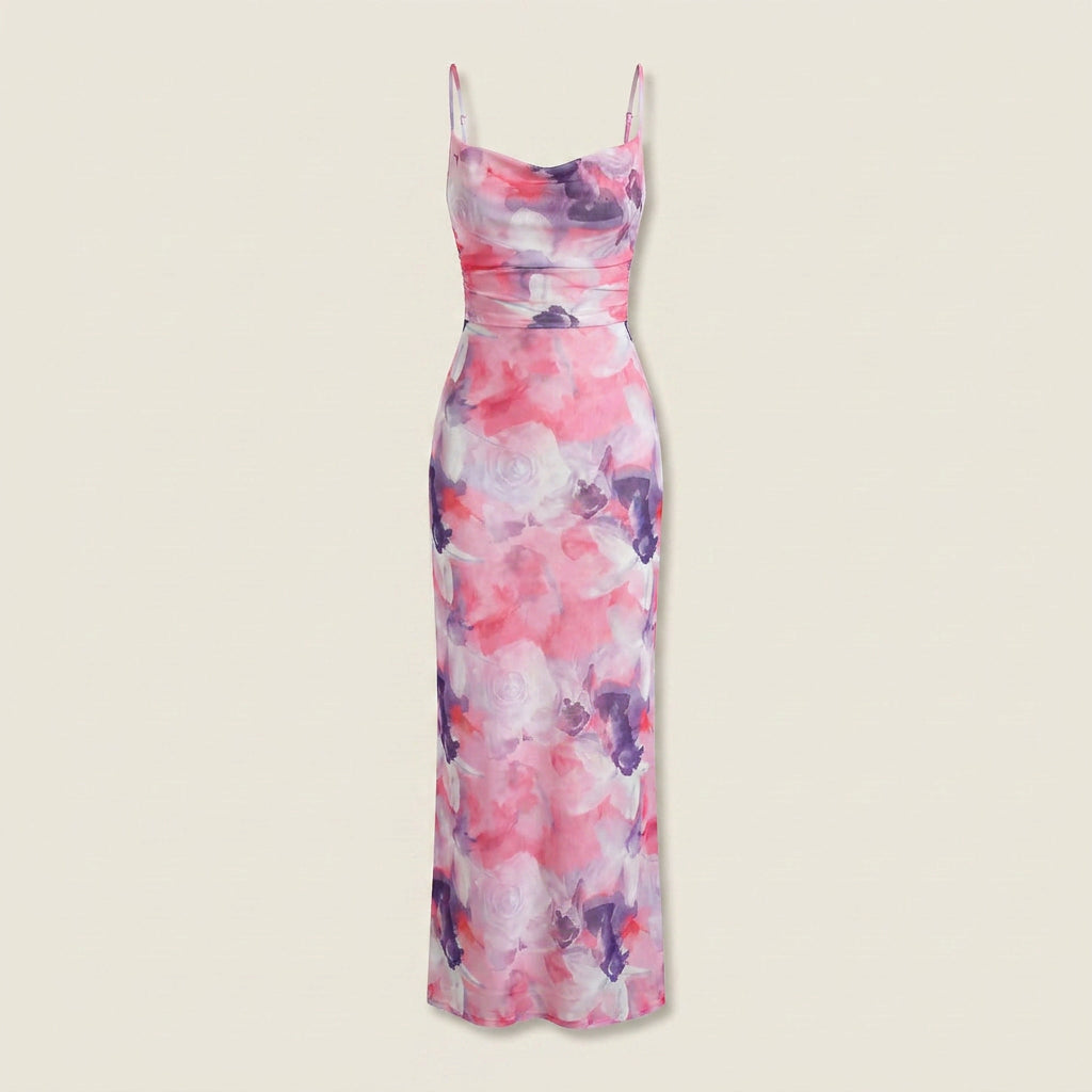 Vestido Largo Estampado Floral Escote Drapeado para Mujer