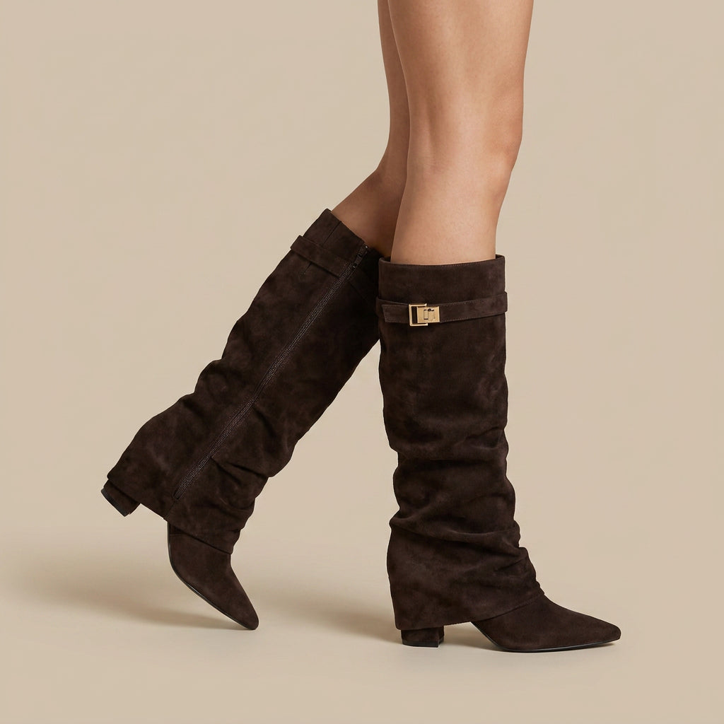 Botas Altas Efecto Ante con Tacón Bajo para Mujer