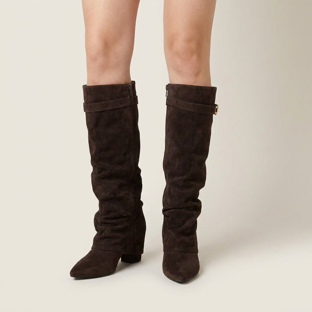 Botas Altas Efecto Ante con Tacón Bajo para Mujer