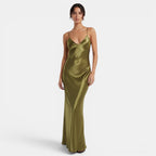 Vestido Lencero Satinado Verde Oliva | Presencia