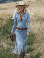 Vestido Midi Western Mujer Ante Sintético con Flecos y Cinturón - Soledad