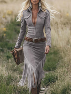 Vestido Midi Western Mujer Ante Sintético con Flecos y Cinturón - Soledad