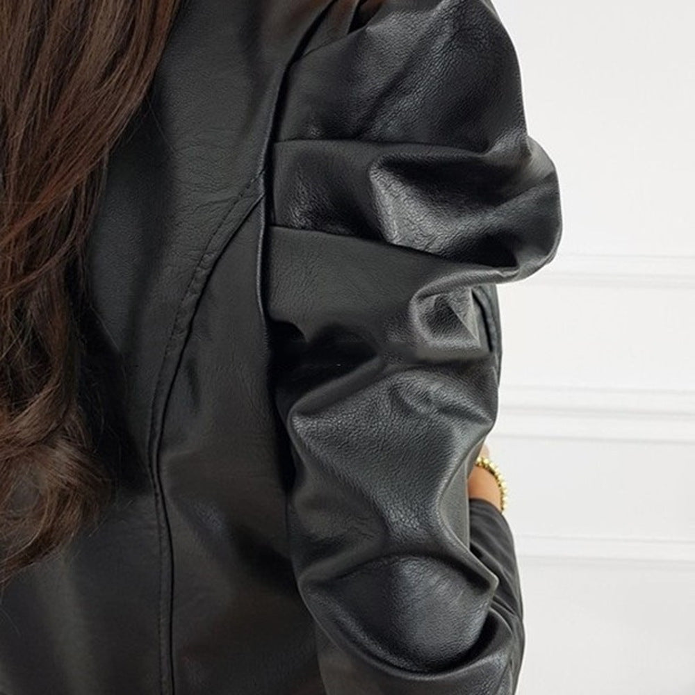 Chaqueta Biker de Cuero Corta Mujer Manga Abullonada | Nerea