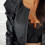 Chaqueta Biker de Cuero Corta Mujer Manga Abullonada | Nerea