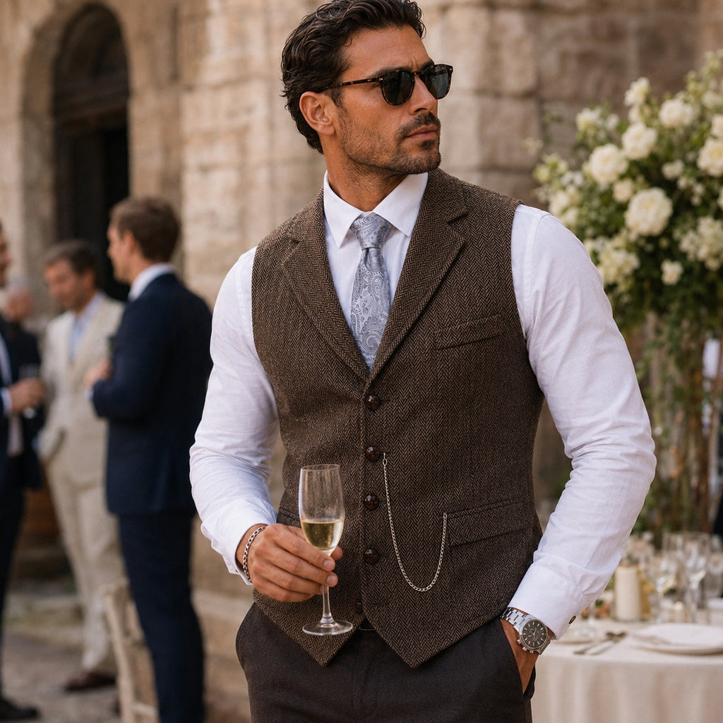 Nicolás | Chaleco de Tweed Hombre Espiga Solapa Entallado