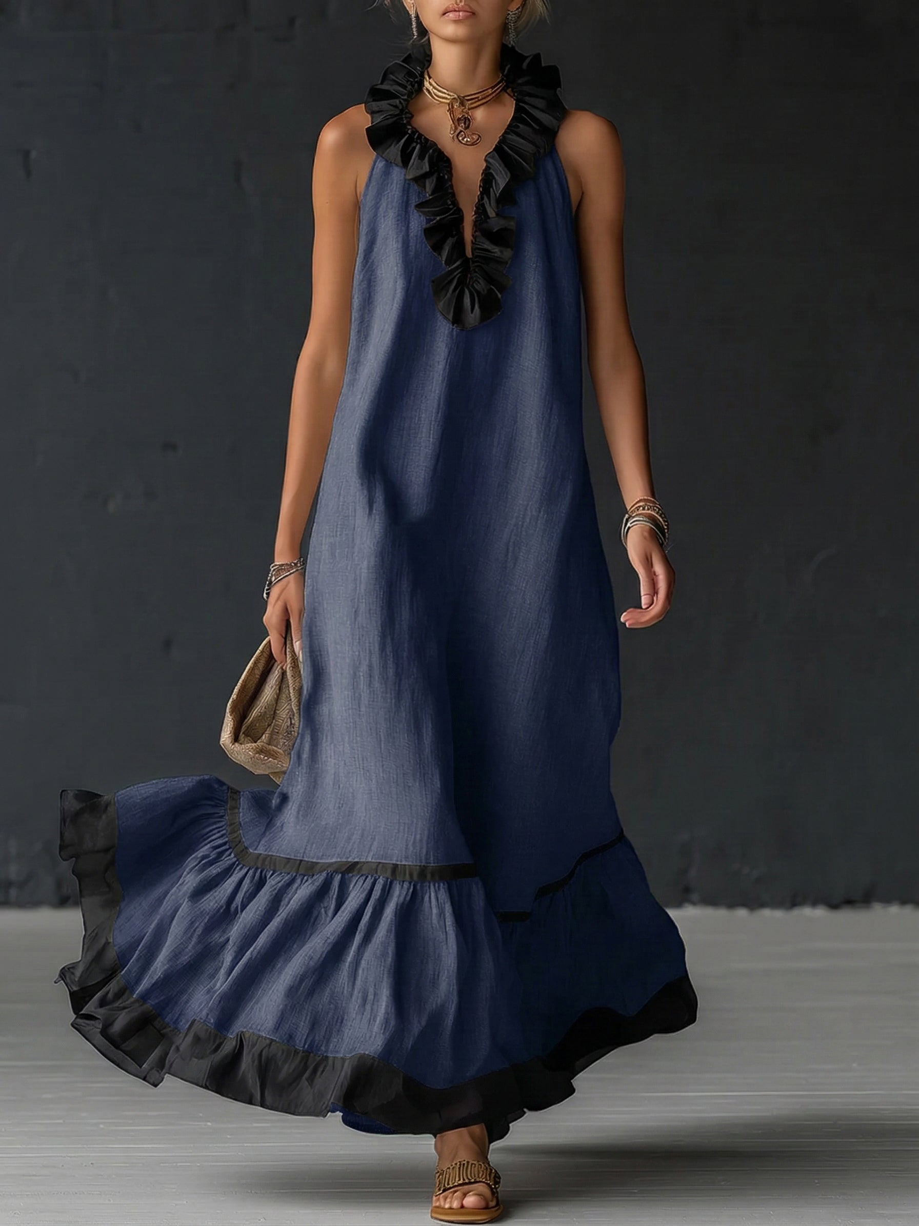 Vestido Maxi con Volantes y Bicolor | Sofia