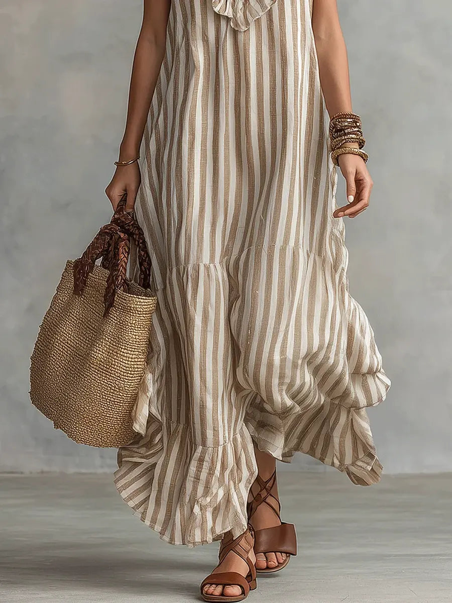 Vestido de Algodón con Rayas y Volantes en el Escote | Isa