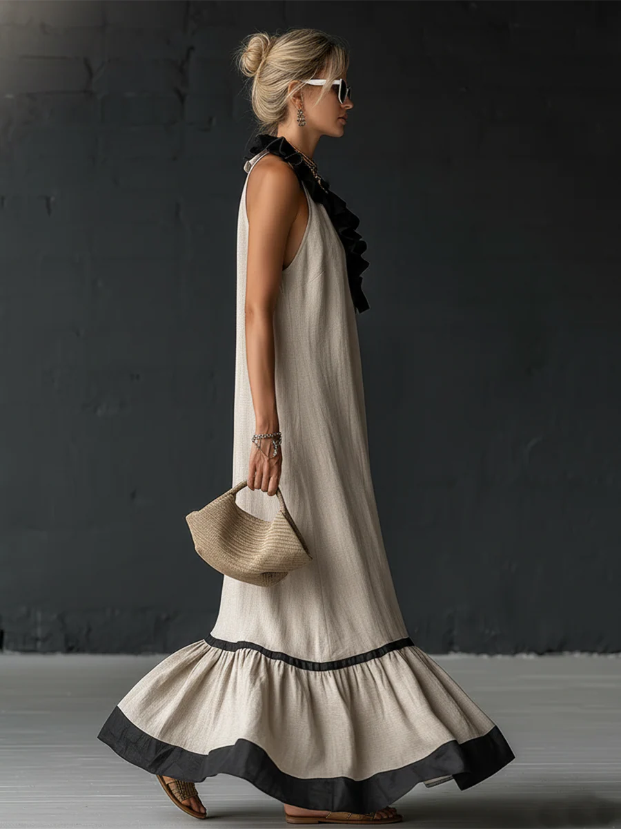 Vestido Maxi con Volantes y Bicolor | Sofia