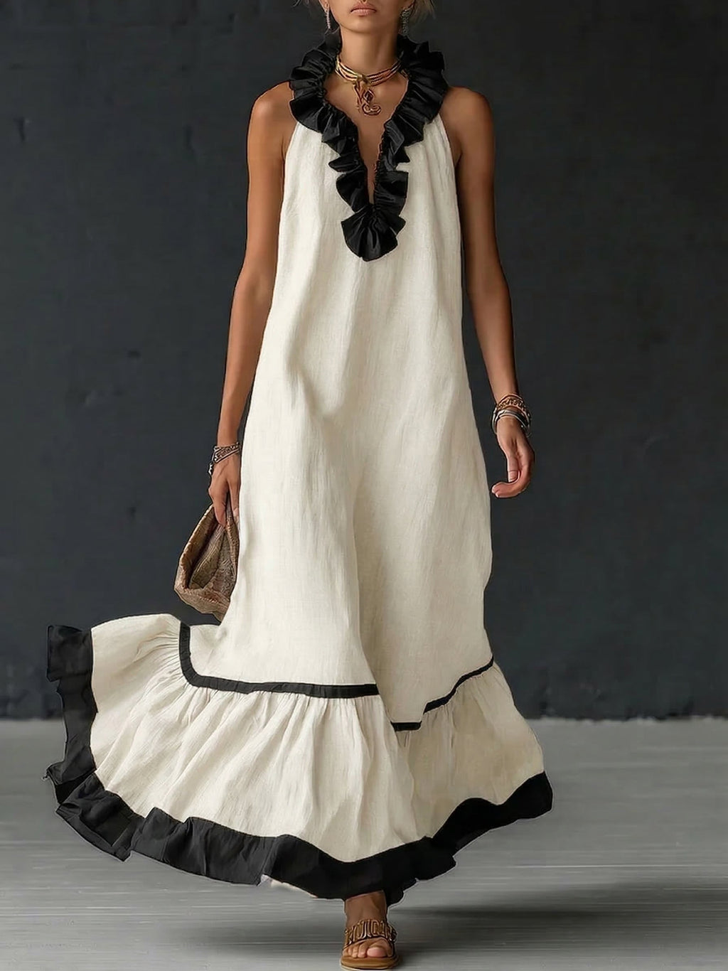 Vestido Maxi con Volantes y Bicolor | Sofia
