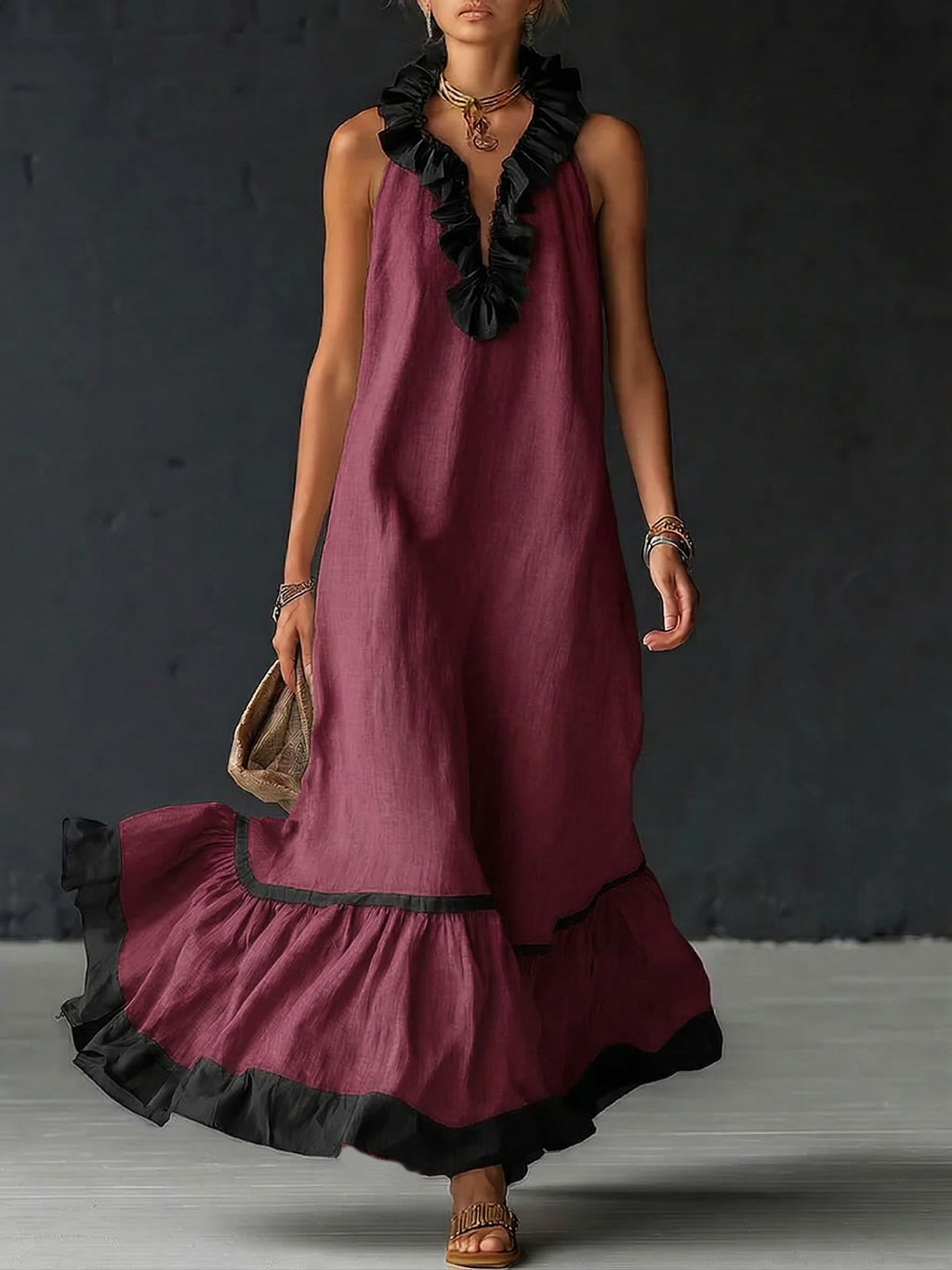 Vestido Maxi con Volantes y Bicolor | Sofia