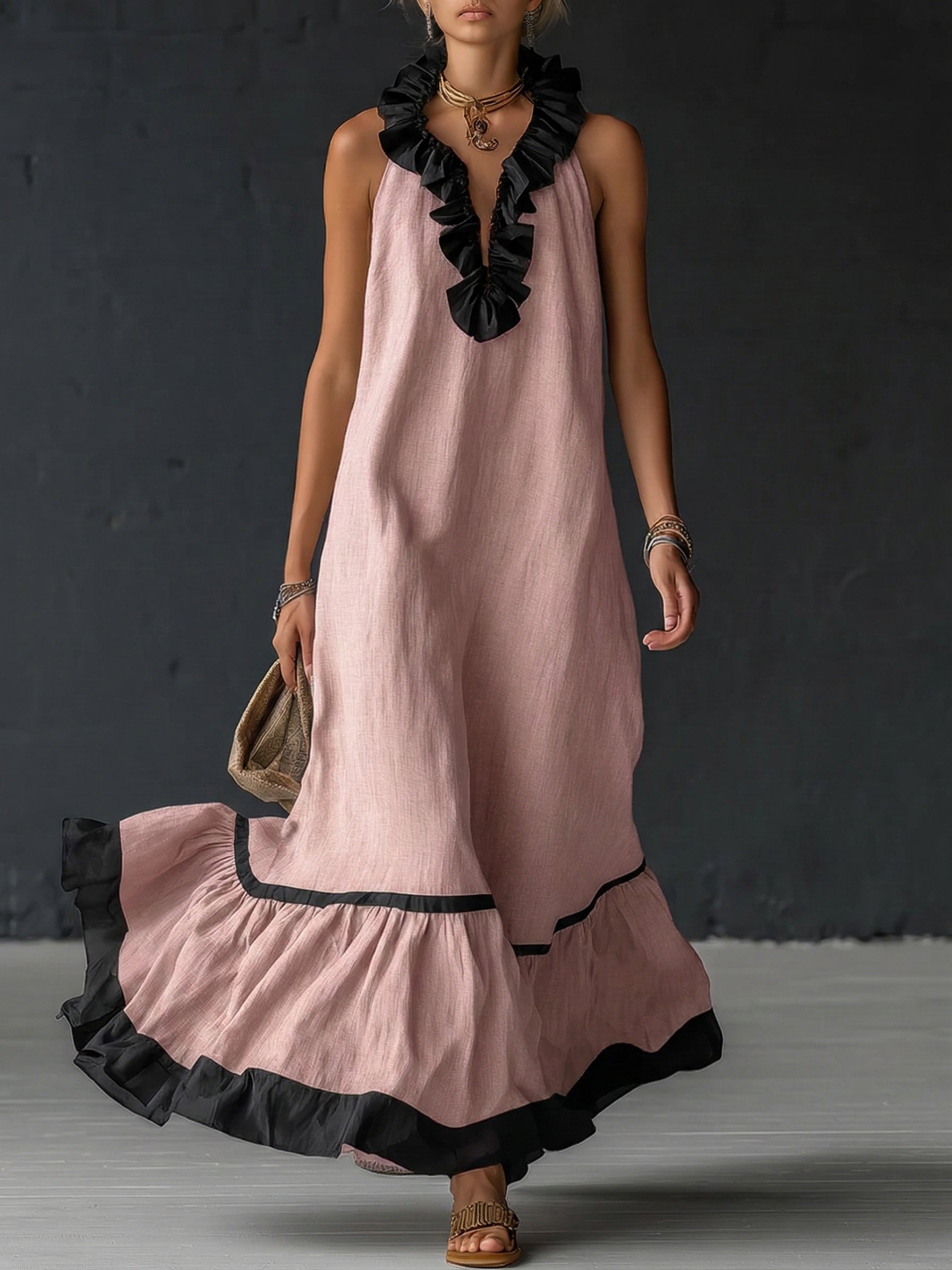 Vestido Maxi con Volantes y Bicolor | Sofia