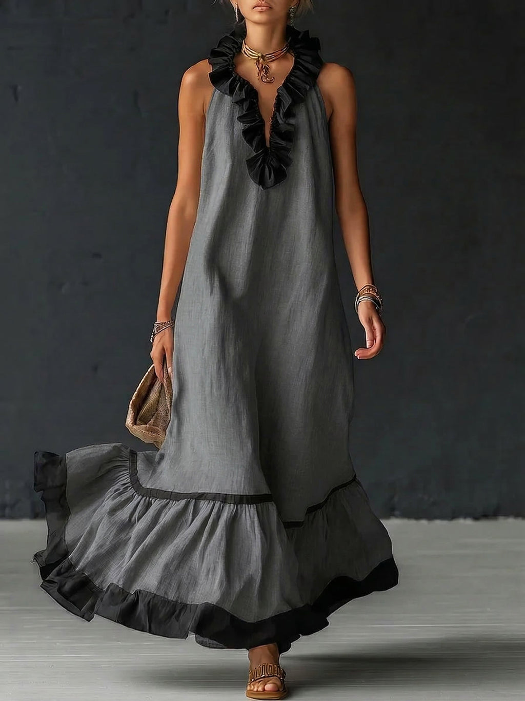Vestido Maxi con Volantes y Bicolor | Sofia
