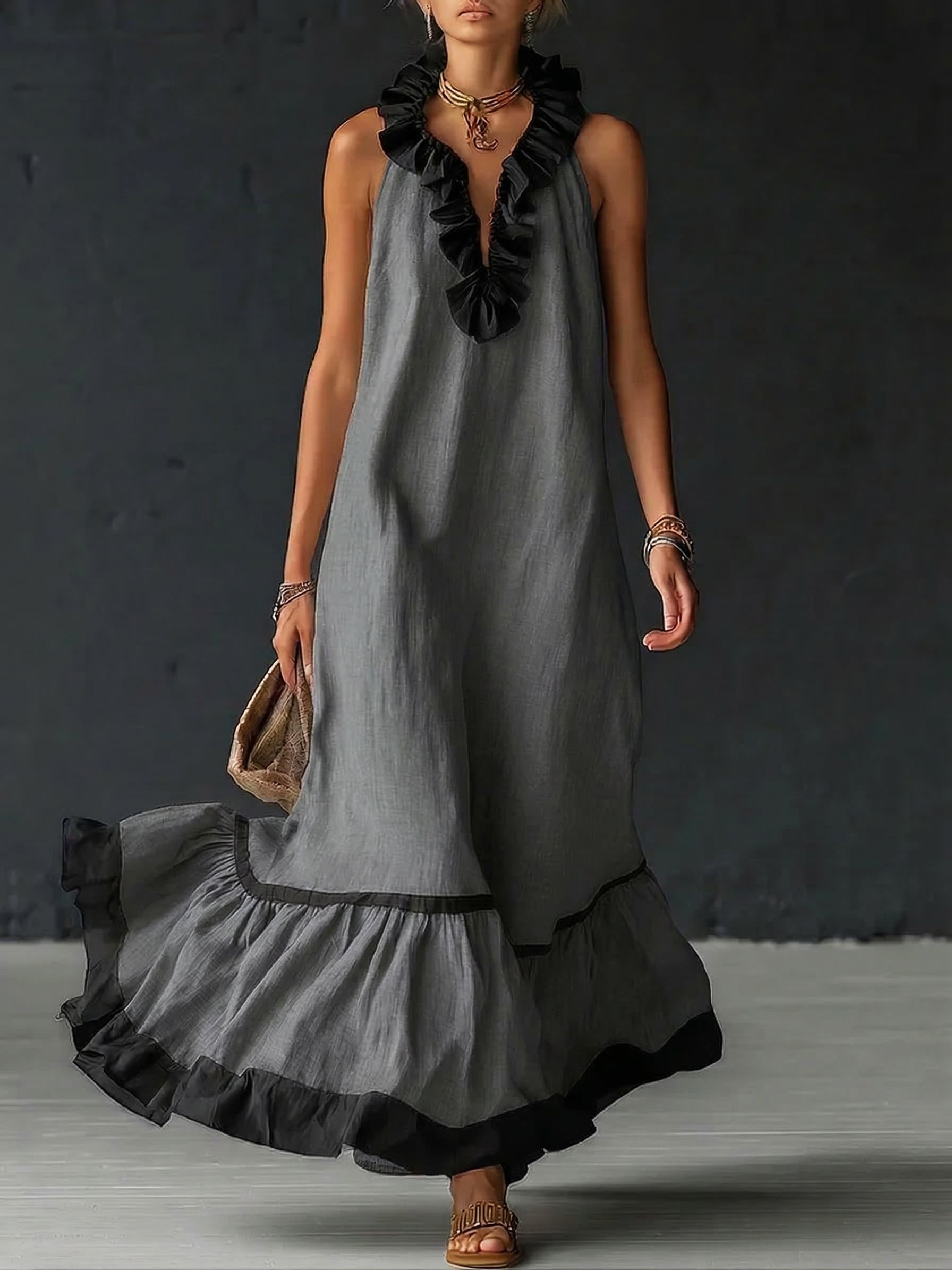 Vestido Maxi con Volantes y Bicolor | Sofia