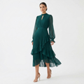 Vestido Midi Plisado con Volantes Mujer Cuello Alto | Paloma