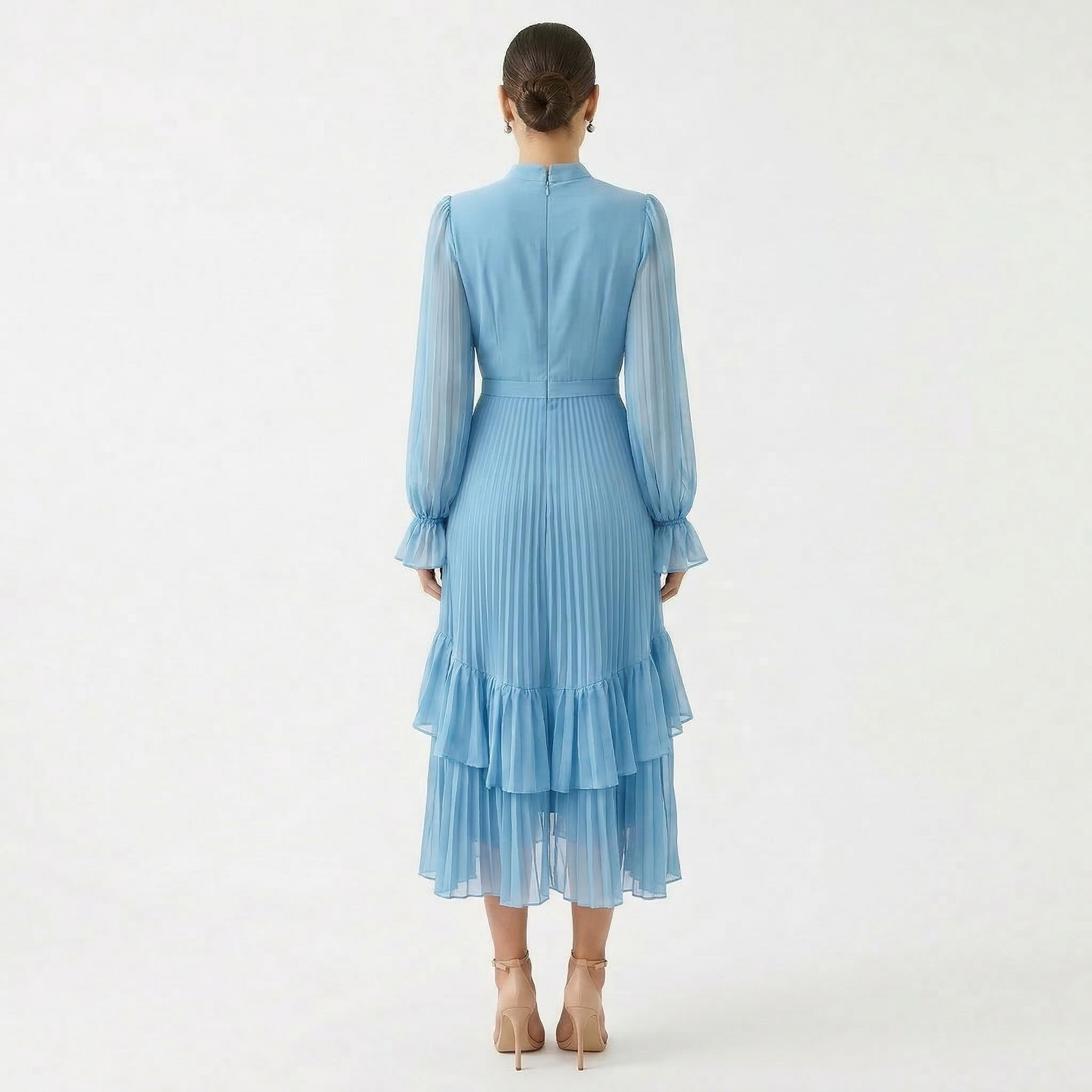 Vestido Midi Plisado con Volantes Mujer Cuello Alto | Paloma