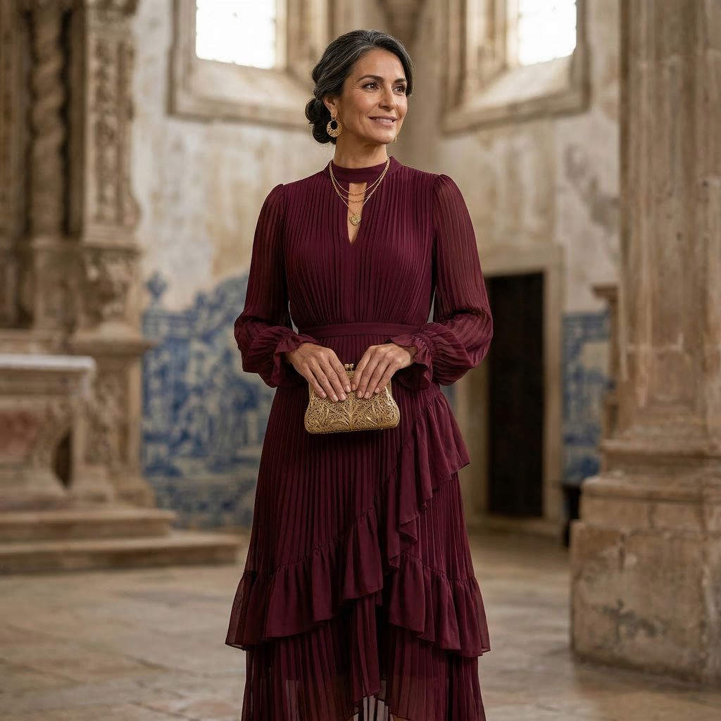 Vestido Midi Plisado con Volantes Mujer Cuello Alto | Paloma