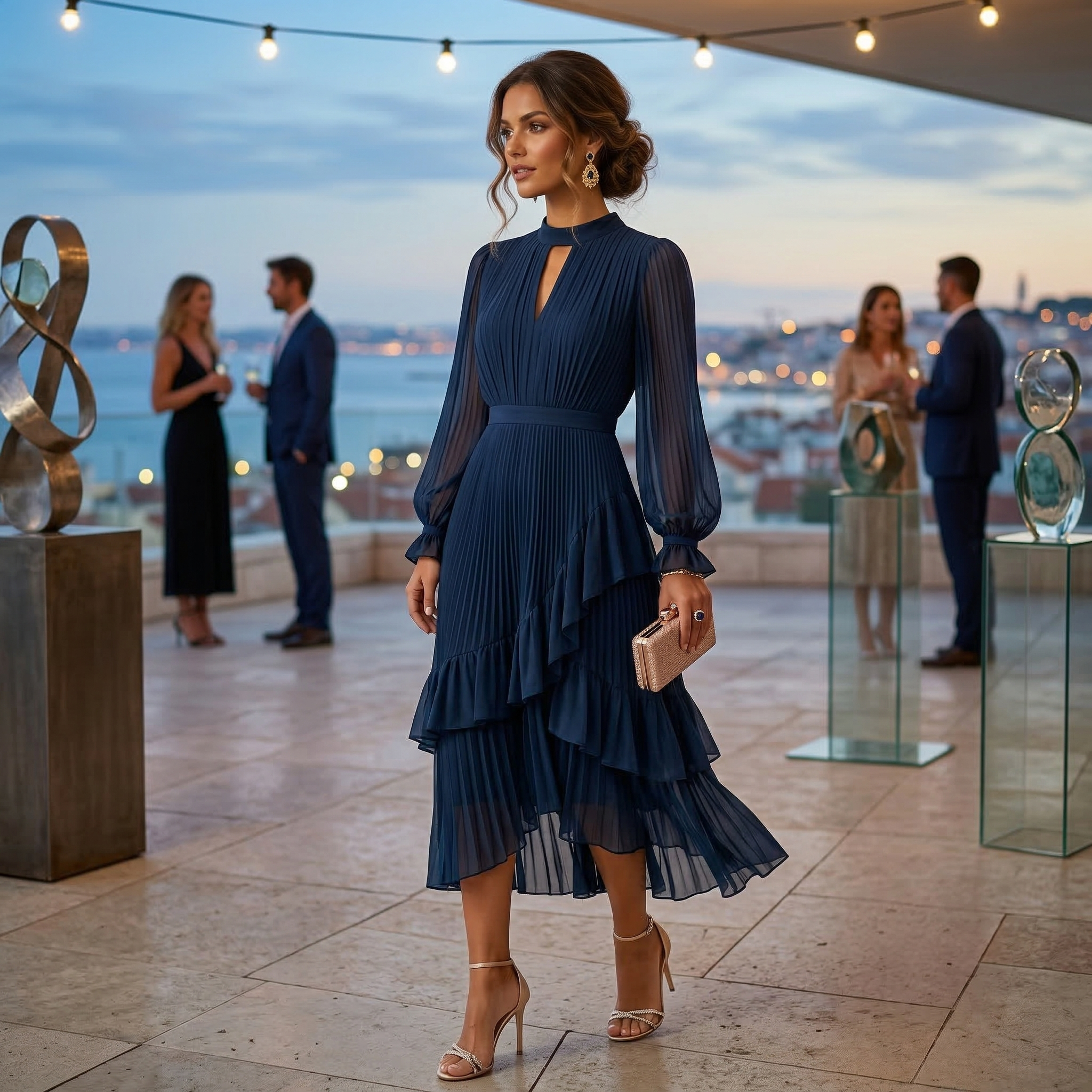 Vestido Midi Plisado con Volantes Mujer Cuello Alto | Paloma