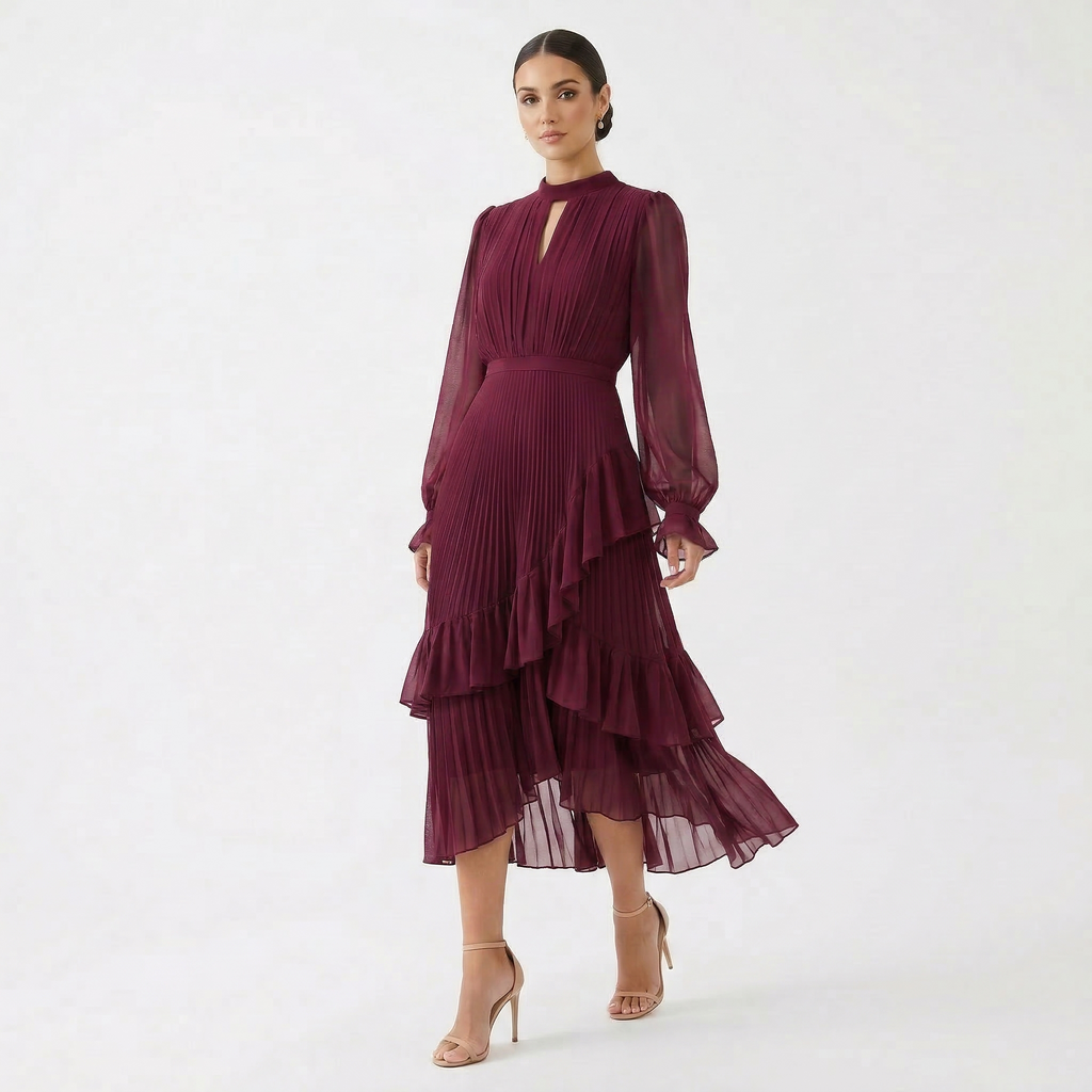 Vestido Midi Plisado con Volantes Mujer Cuello Alto | Paloma