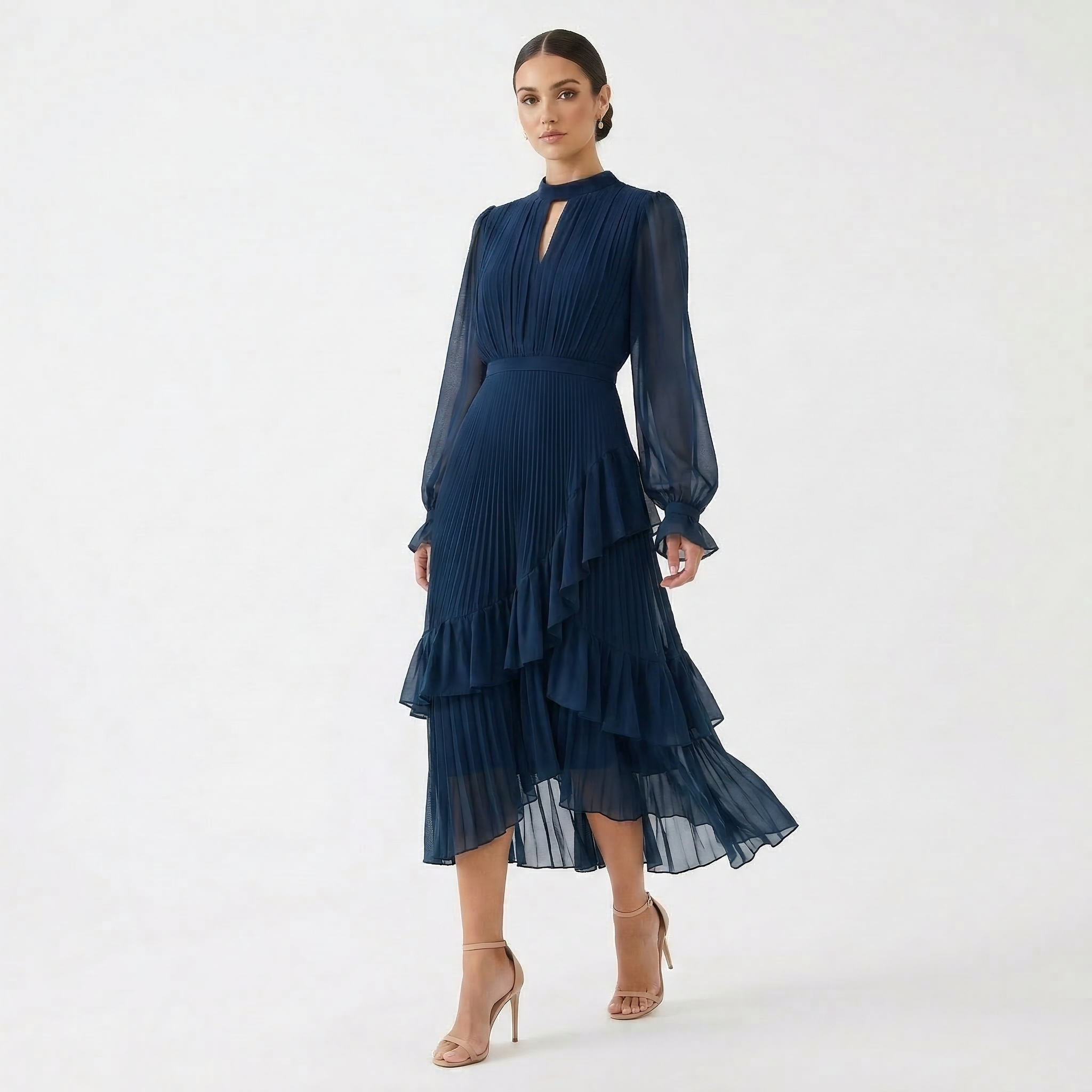 Vestido Midi Plisado con Volantes Mujer Cuello Alto | Paloma