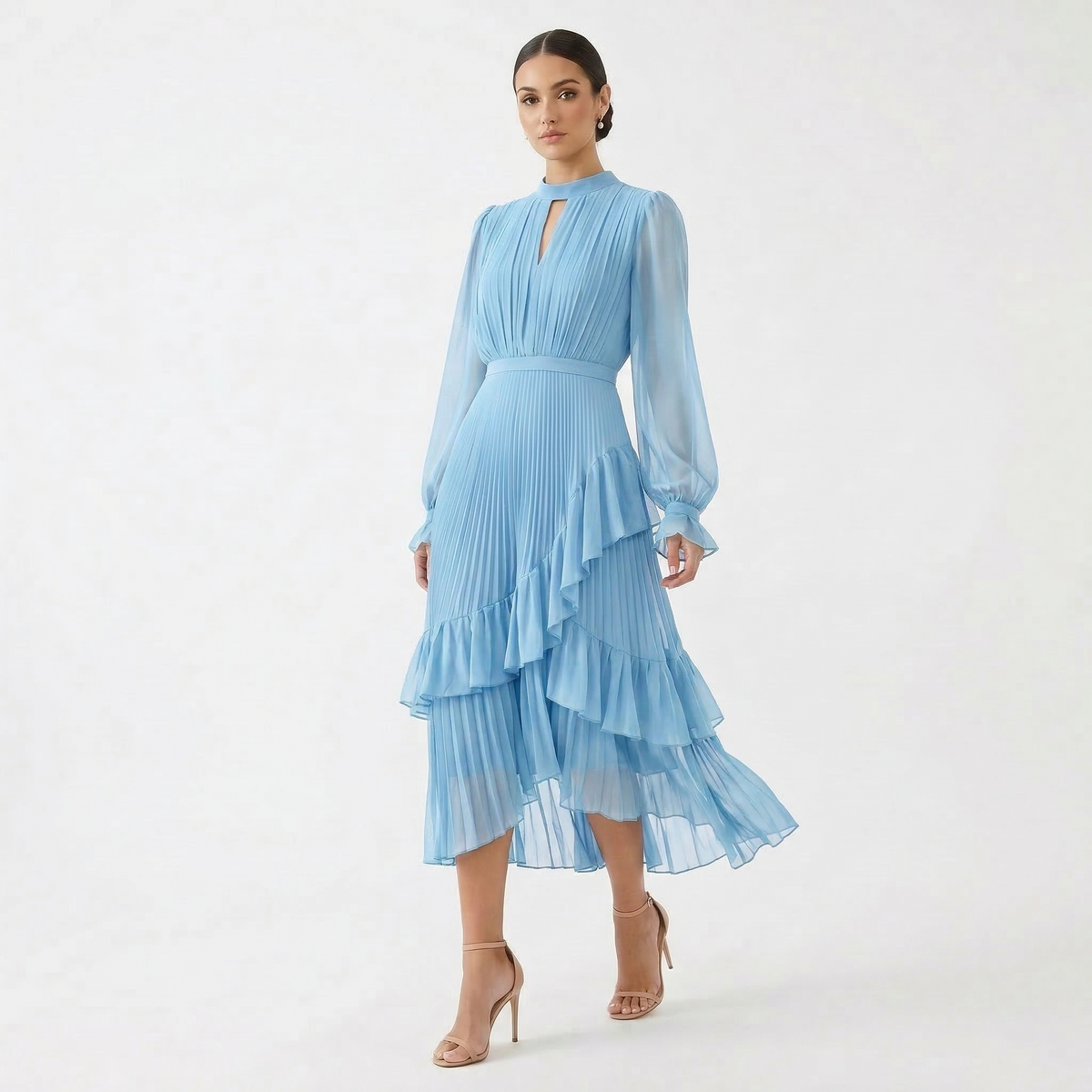 Vestido Midi Plisado con Volantes Mujer Cuello Alto | Paloma