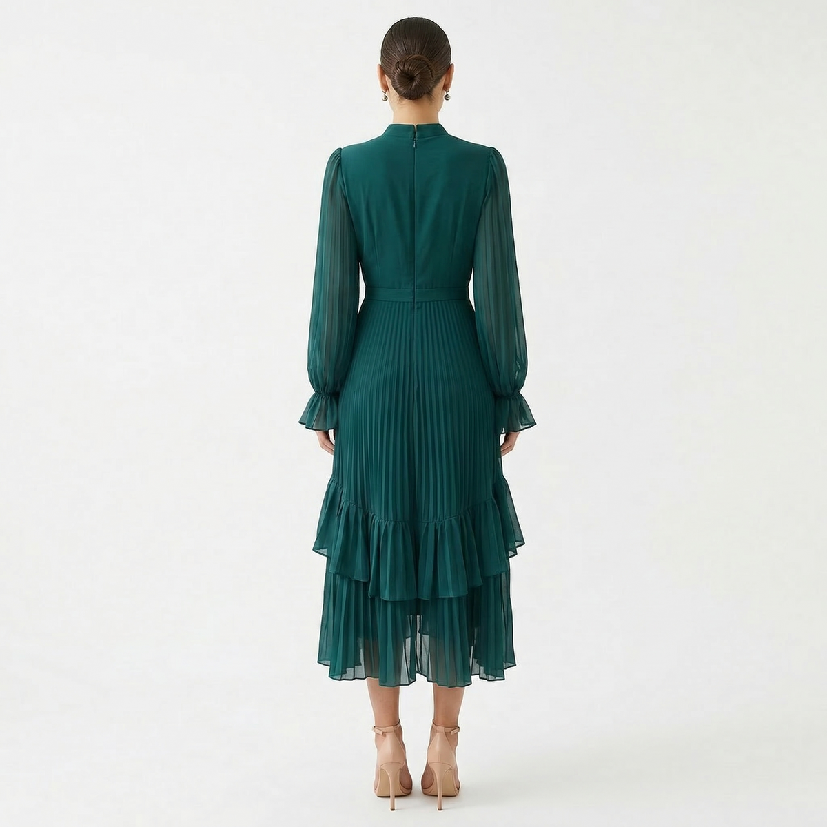 Vestido Midi Plisado con Volantes Mujer Cuello Alto | Paloma