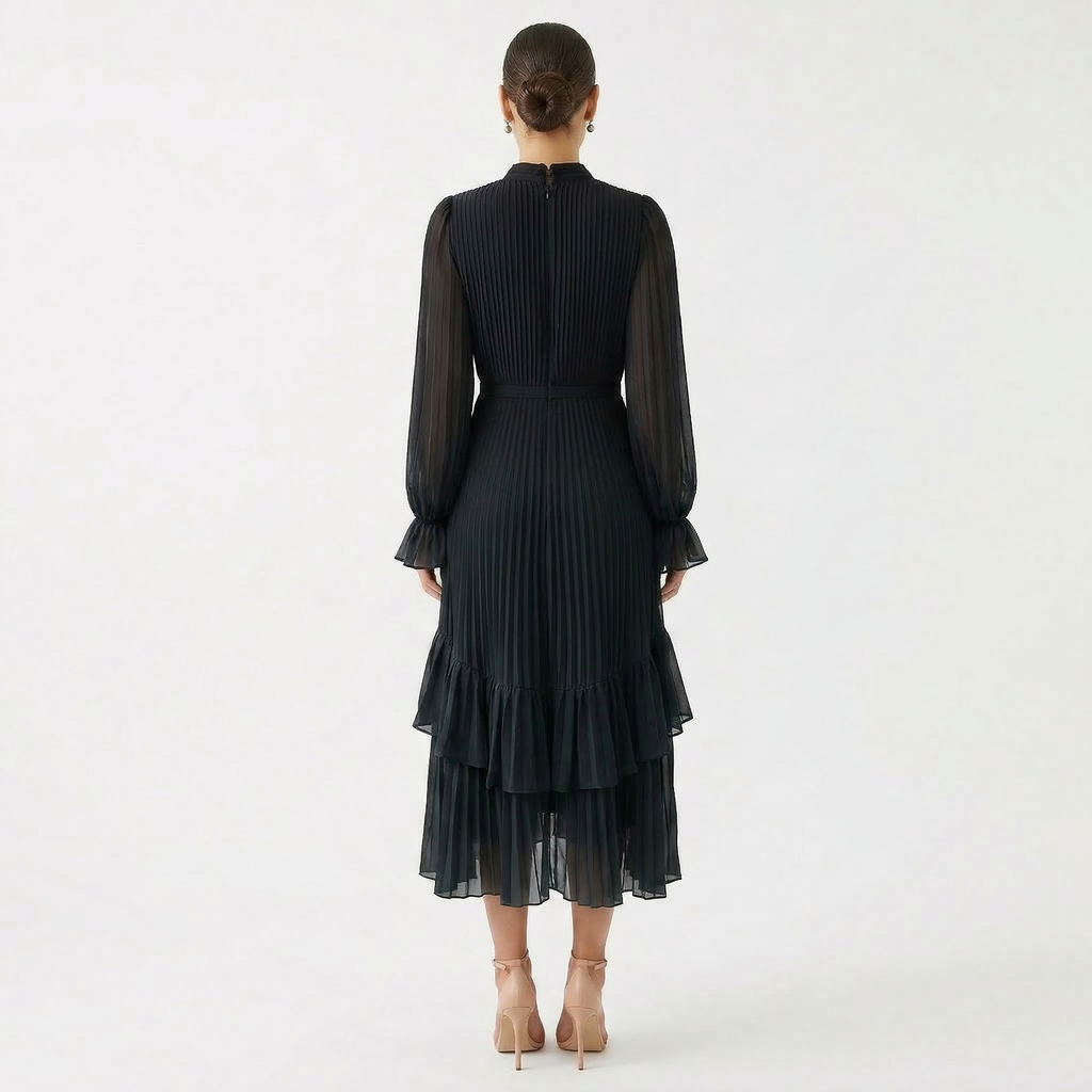 Vestido Midi Plisado con Volantes Mujer Cuello Alto | Paloma