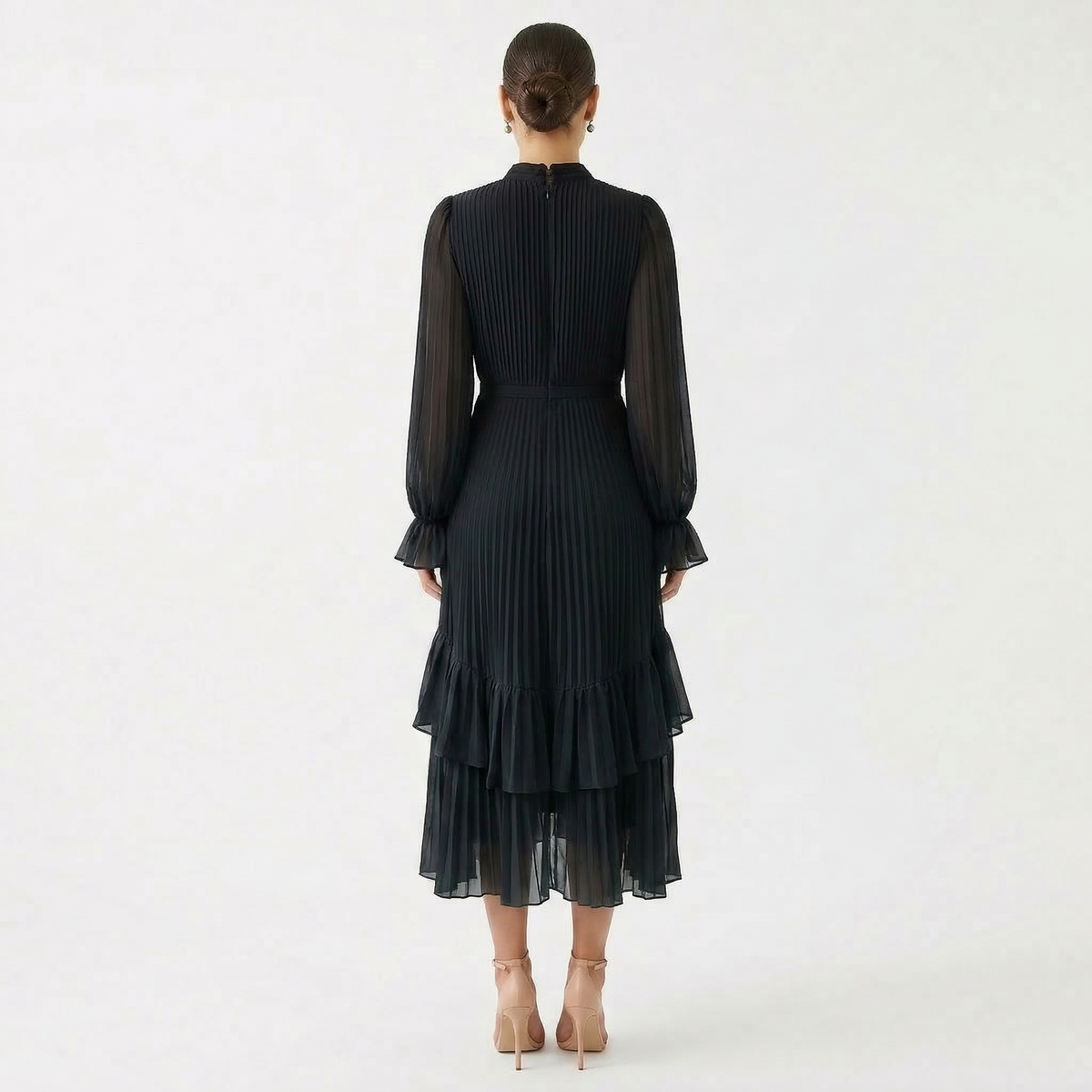 Vestido Midi Plisado con Volantes Mujer Cuello Alto | Paloma
