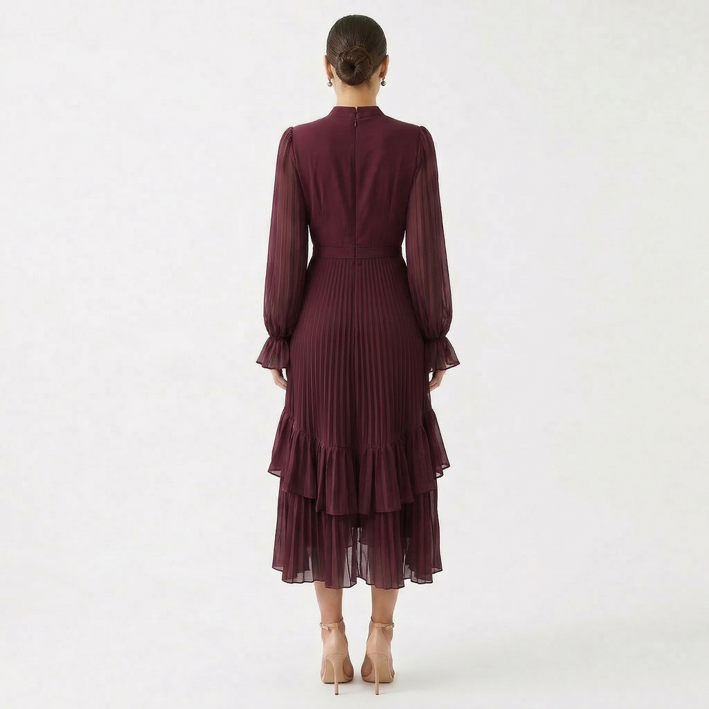 Vestido Midi Plisado con Volantes Mujer Cuello Alto | Paloma