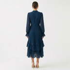 Vestido Midi Plisado con Volantes Mujer Cuello Alto | Paloma