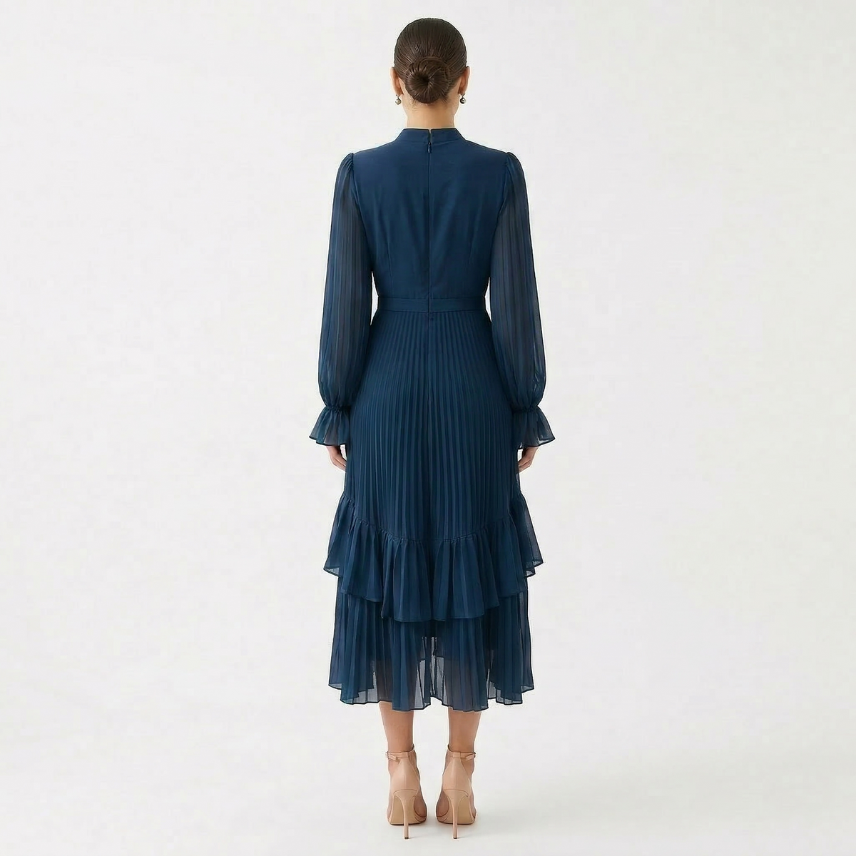 Vestido Midi Plisado con Volantes Mujer Cuello Alto | Paloma