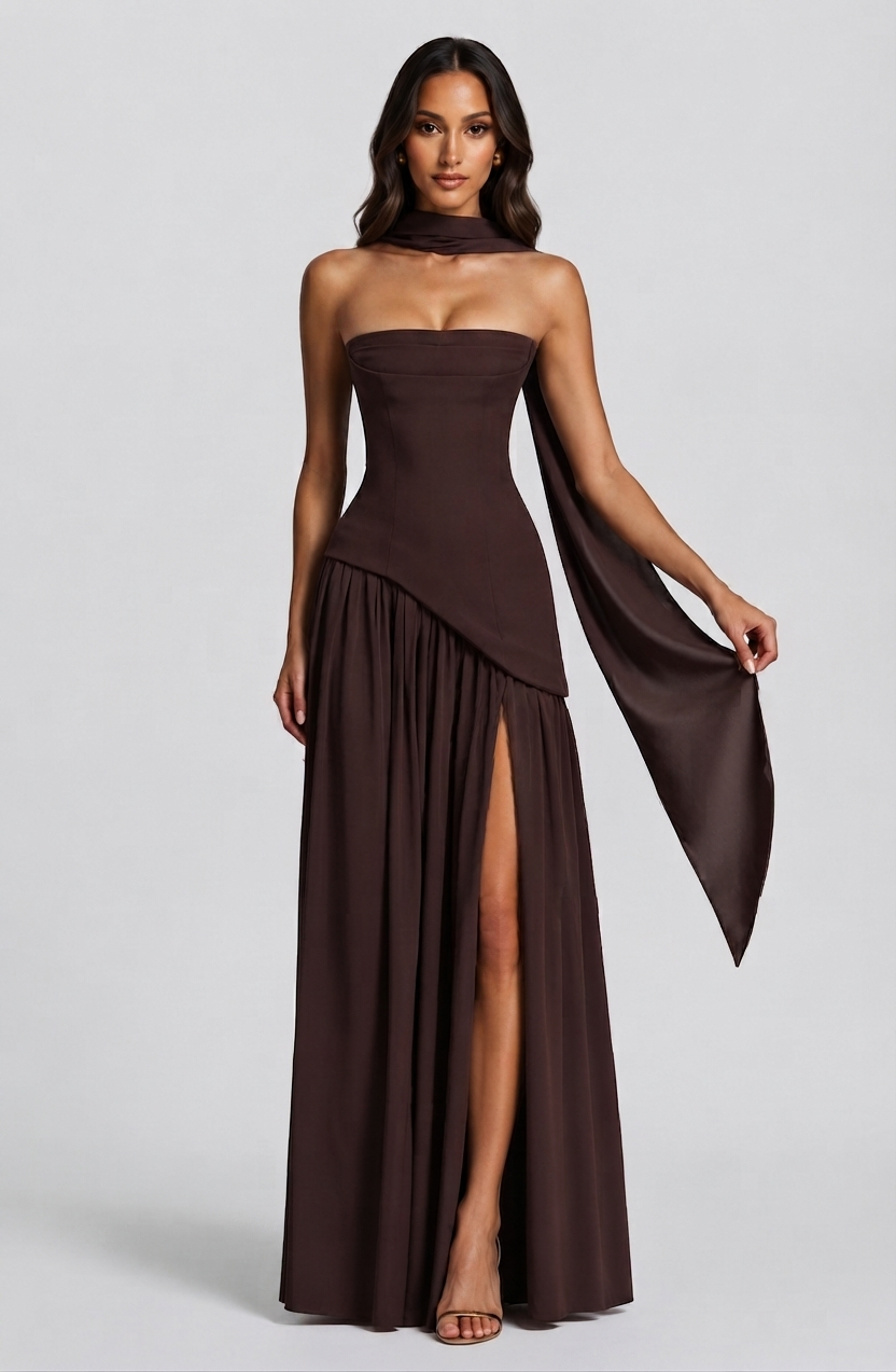 Vestido Largo de Noche Drapeado Mujer Corsé Abertura Lateral | Raquel