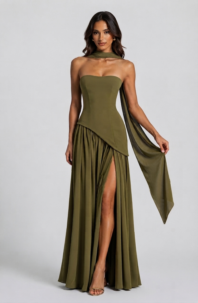 Vestido Largo de Noche Drapeado Mujer Corsé Abertura Lateral | Raquel