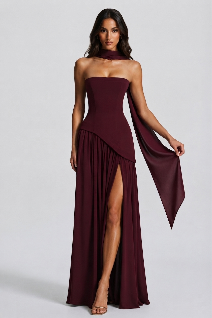 Vestido Largo de Noche Drapeado Mujer Corsé Abertura Lateral | Raquel