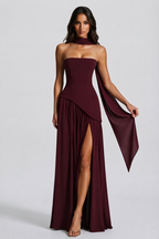 Vestido Largo de Noche Drapeado Mujer Corsé Abertura Lateral | Raquel