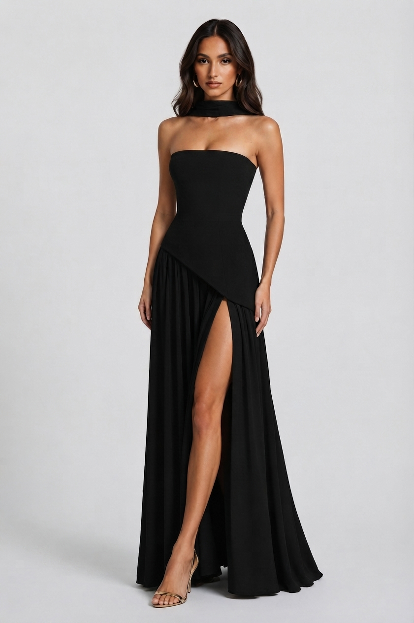 Vestido Largo de Noche Drapeado Mujer Corsé Abertura Lateral | Raquel