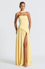 Elegante vestido largo de invitada de boda palabra de honor con corsé y abertura alta | Maxi