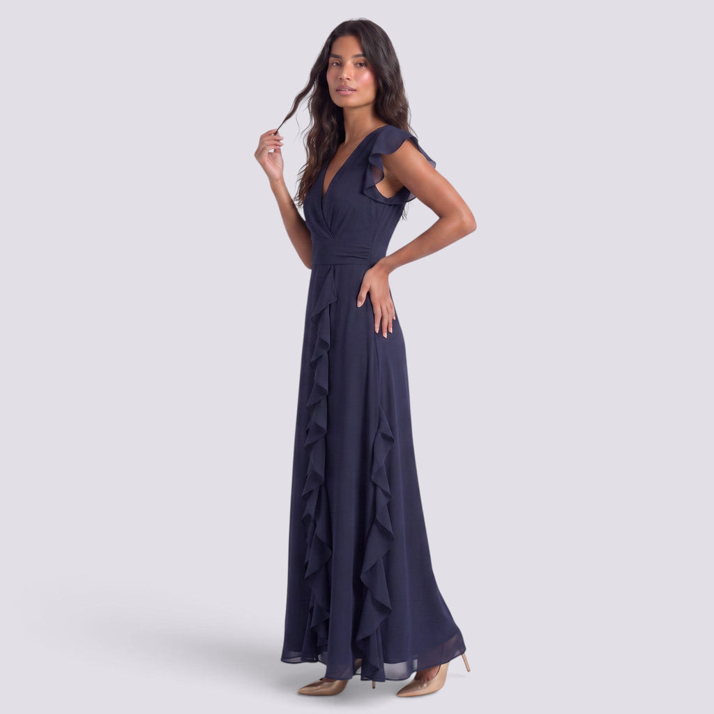 Vestido Largo Fiesta Mujer Escote en V Plisado con Abertura | Elegante