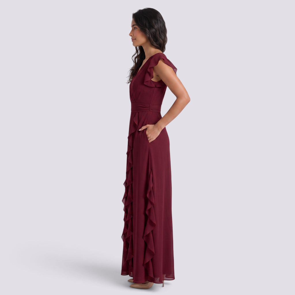 Vestido Largo Fiesta Mujer Escote en V Plisado con Abertura | Elegante