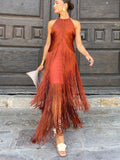 Vestido de Fiesta Largo con Flecos Mujer Cuello Halter